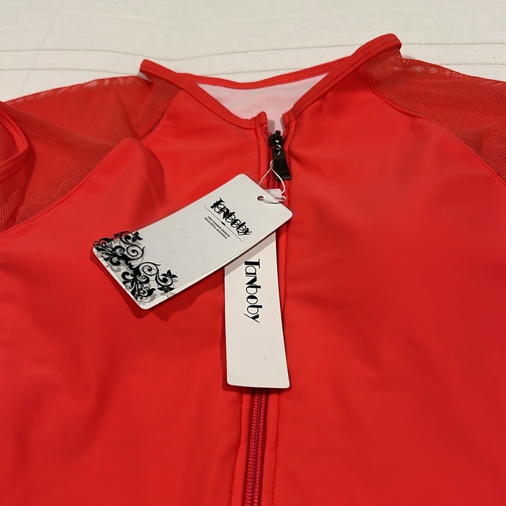 Coral/Pink Swimsuit One Piece Mesh Cap Sleeves Front Zipper Built In Bra - Picture 5 of 12